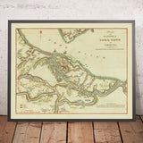 Alte Militärkarte der Belagerung von Yorktown von Stedman, 1793: Virginia, Gloucester, Schanzen 9 & 10, Französische Flotte, Washington 
