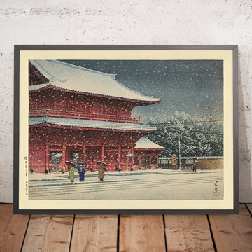 Una imagen enmarcada de Nieve en el templo Zojoji en Tokio, de Hasui Kawase, 1935