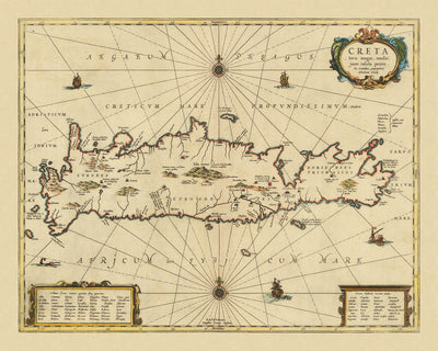 Old Map of Crete by Jansson, 1650: Cydonia, Knossos, Sea Monster, Maritime Vessels,