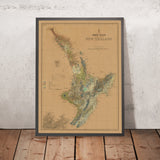 Large Old Map of North Island, New Zealand by Wilmot, 1920: Auckland, Wellington, Taranaki, Ruapehu, Hauraki Gulf