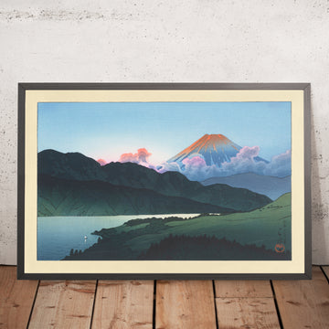 A framed image of Nocturnal Mt. Fuji, Lake Ashino by Hasui Kawase, 1935