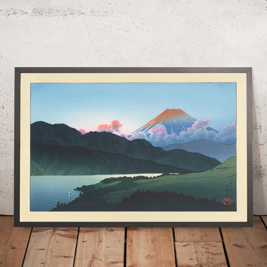A framed image of Nocturnal Mt. Fuji, Lake Ashino by Hasui Kawase, 1935