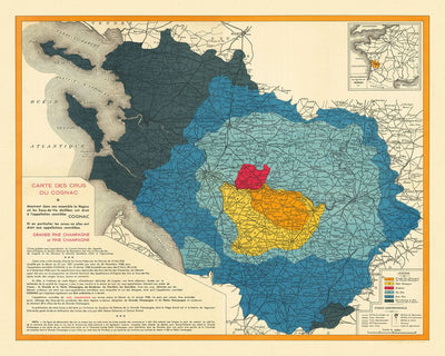Ancienne carte des vins de Cognac par Bidoit, 1938 : Bordeaux, La Rochelle, classifications des crus, chemins de fer 
