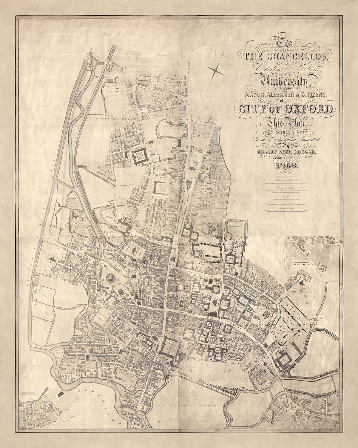 Grande vieille carte d'Oxford par Hoggar, 1850 : Collèges, St. Giles', High St, Magdalen St, rivière Thames 