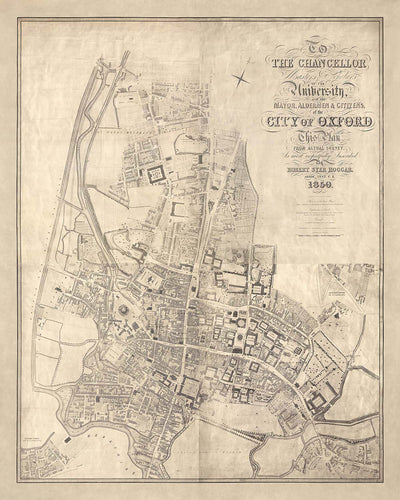 Grande vieille carte d'Oxford par Hoggar, 1850 : Collèges, St. Giles', High St, Magdalen St, rivière Thames 