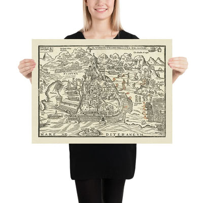 Antigua Mapa Militar del Asedio de Argel de 1541 por Pagano: Argel, Mandrachio, Castel Vechio, Estrategia Naval, Imperio Otomano 