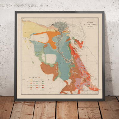 Ancienne carte géologique d'Égypte, 1910 : Nil, mer Rouge, Le Caire, Alexandrie, Suez 
