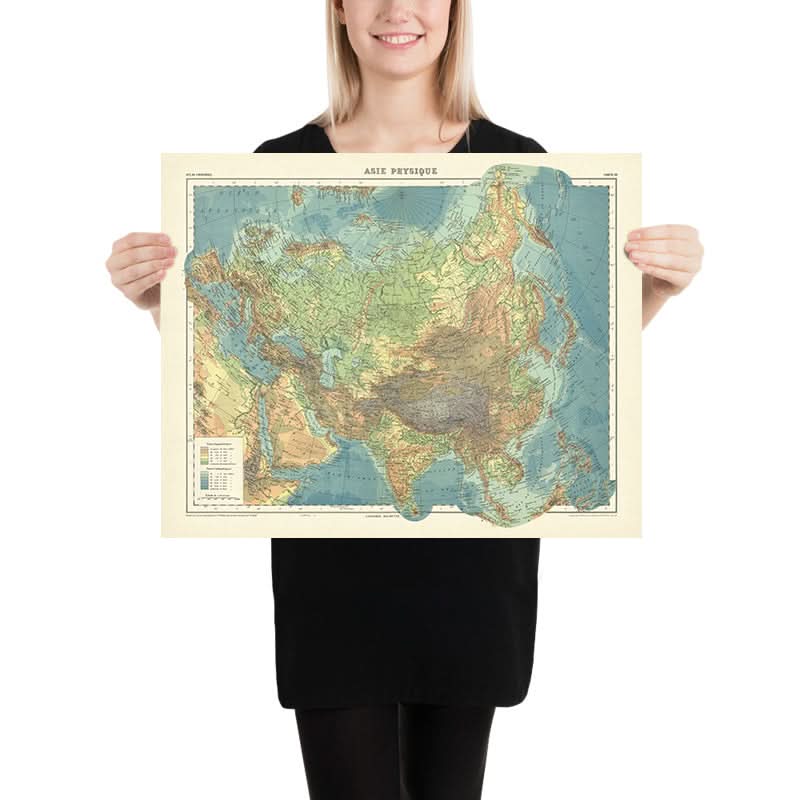 Old Physical Map of Asia by Schrader, 1931: Vivid Relief, Paris Meridian