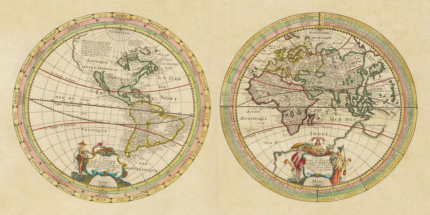 Carte du vieux monde des hémisphères est et ouest par Tavernier, 1661 : la Californie comme île, vents classiques, dessin concentrique