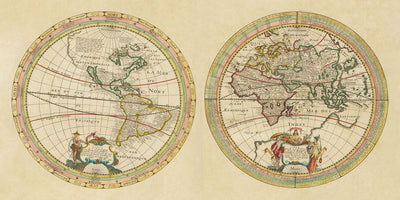 Carte du vieux monde des hémisphères est et ouest par Tavernier, 1661 : la Californie comme île, vents classiques, dessin concentrique