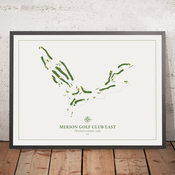 A framed image of Merion Golf Club East in the style of a simple and modern golf course map