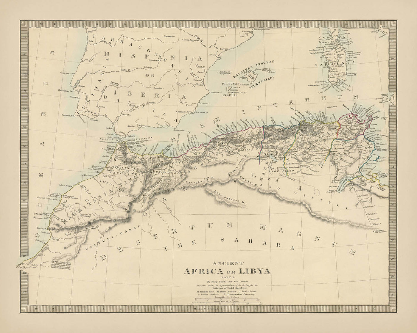 Old Map of North Africa, 1845: Atlas Mountains, Sahara, Carthage, Tangier, Algiers
