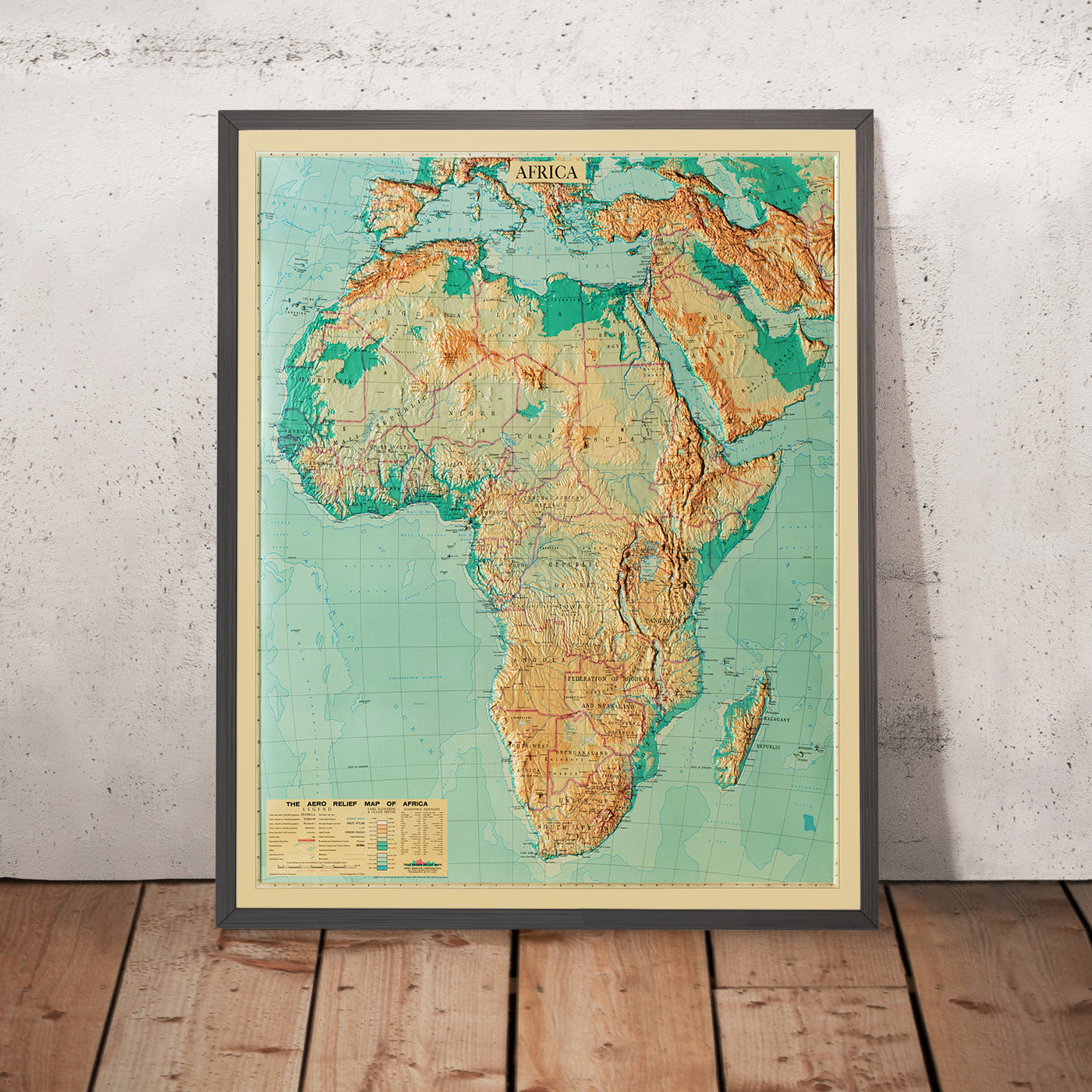 Ancienne carte topographique en relief 3D de l'Afrique par Aero Service Corporation, 1961 