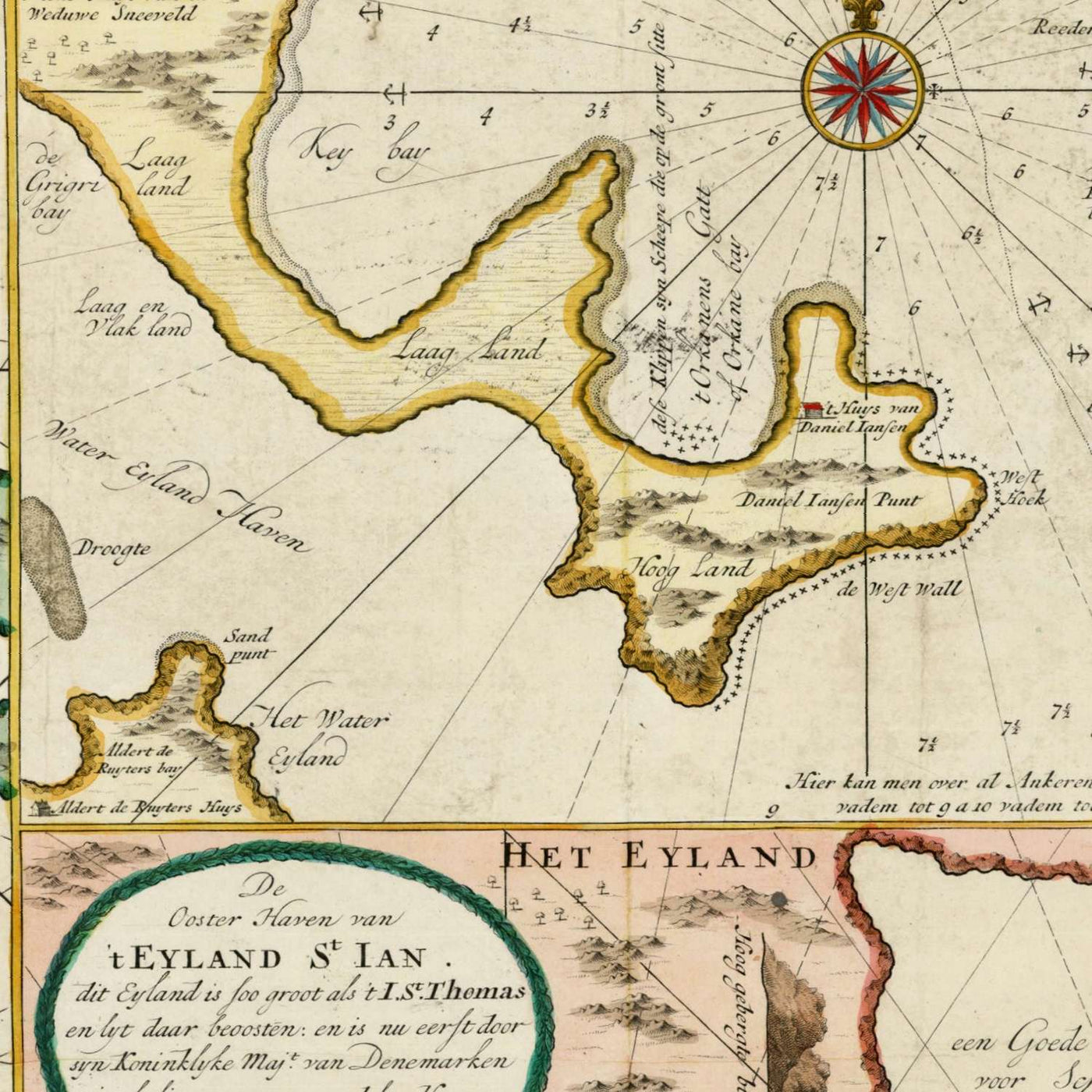Ancienne carte nautique de St. Thomas dans les Îles Vierges par Van Keulen, 1719 