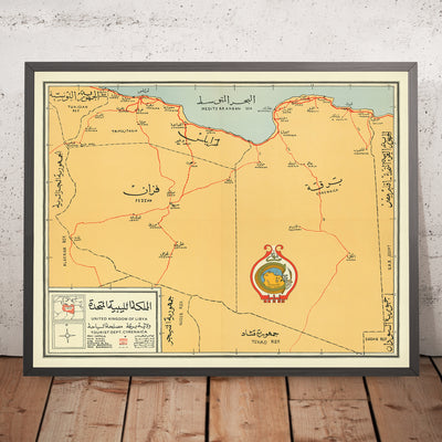 Ancienne carte de la Libye, 1960 : Benghazi, Tripoli, Cyrénaïque, Routes, Mer Méditerranée 
