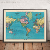Old America Centred Map of the World, 1897: Mercator Projection, Time Zones, Colourful