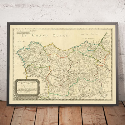 Mapa antiguo del norte de España por Sanson, 1652: Galicia, Asturias, San Sebastián, Bahía de Biscay, País Vasco 