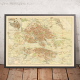 Mapa antiguo de Estocolmo de Gillberg, 1920: Gamla Stan, Djurgården, Palacio Real, Ayuntamiento, Estación Central 
