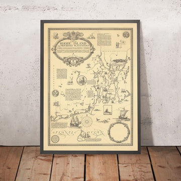 Old Pictorial Map of Rhode Island by Clegg, 1925: Providence, Newport, Ships, Block Island