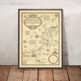 Old Pictorial Map of Rhode Island by Clegg, 1925: Providence, Newport, Ships, Block Island