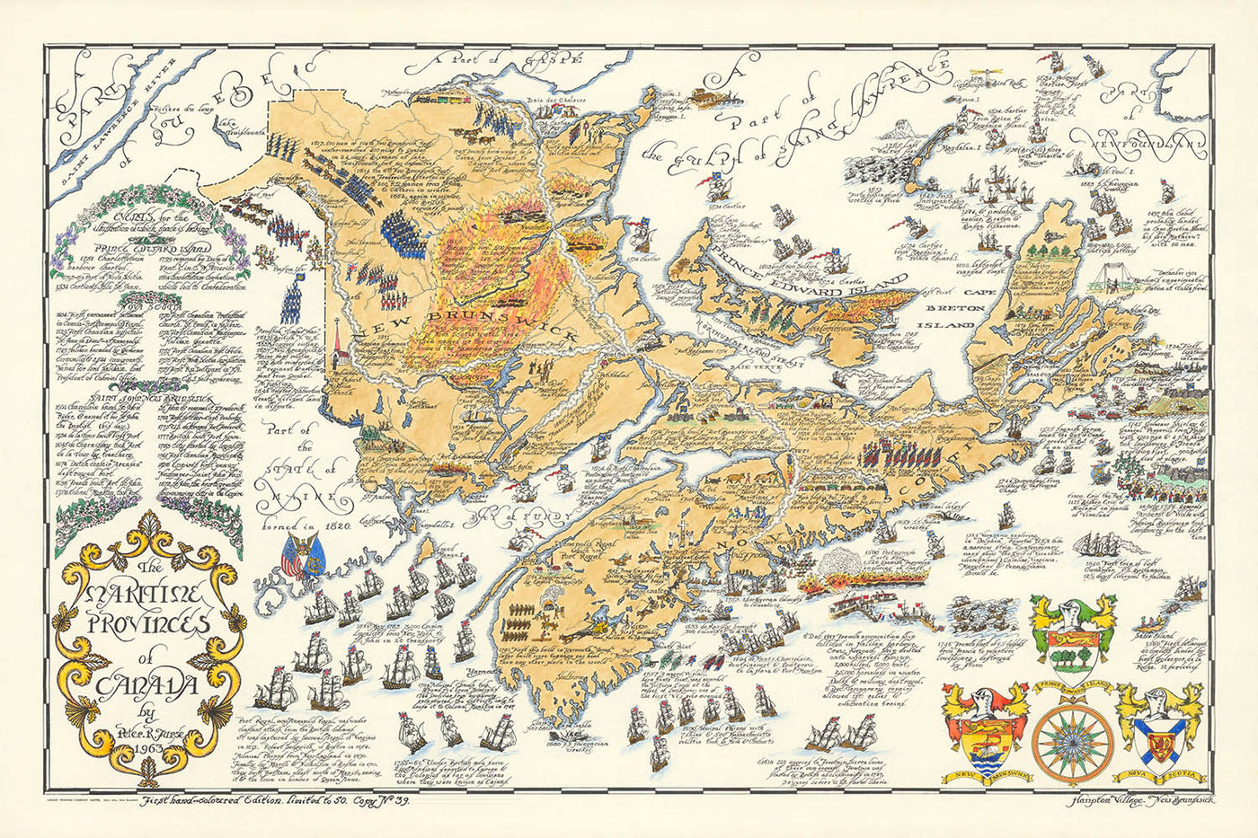 Mapa antiguo de New Brunswick, Nueva Escocia y la Isla del Príncipe Eduardo por Furse, 1963: Batallas navales, rutas de exploración 