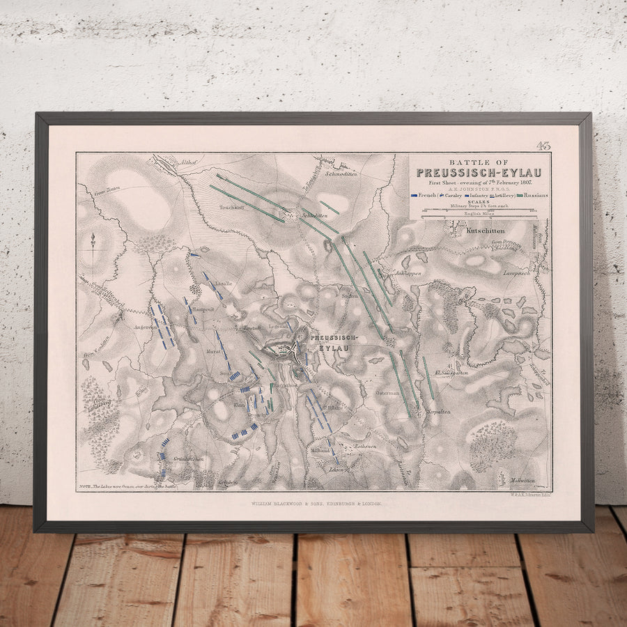 A framed image of Battle of Preussisch-Eylau first sheet evening of 7 February 1807 by AK Johnston 1807
