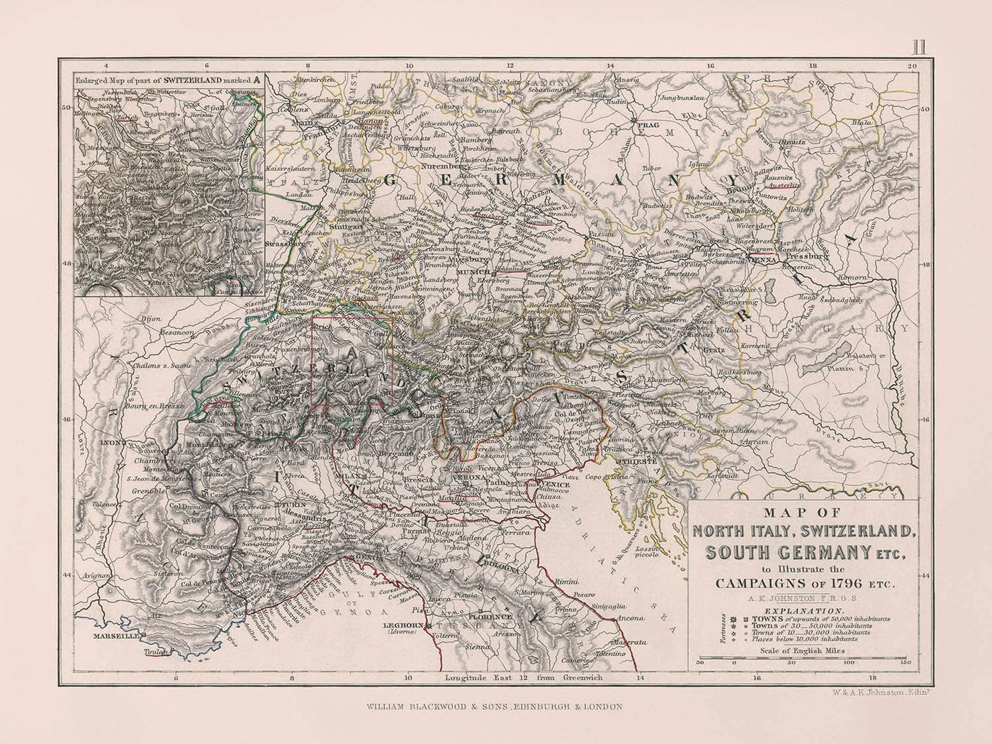 Antigua mapa de las campañas de Napoleón en Italia, Suiza y Alemania, 1796 