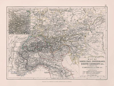 Antigua mapa de las campañas de Napoleón en Italia, Suiza y Alemania, 1796 