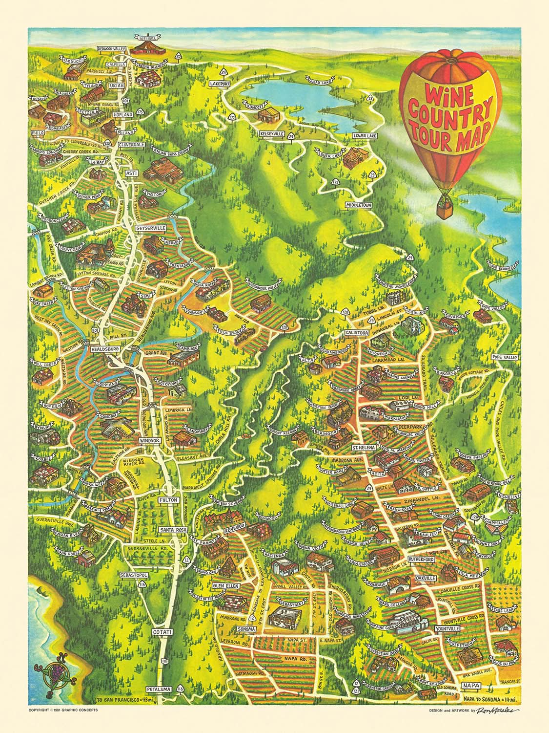 Mapa del Viejo País del Vino de Napa y Sonoma por Morales, 1981: Santa Rosa, Lago Berryessa, Río Ruso 