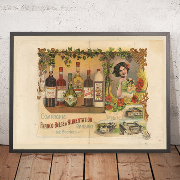A framed image of Compagnie Franco-Belge d’Alimentation Vintage Drinks Advertising Poster by Pierre Sauvage, 1910