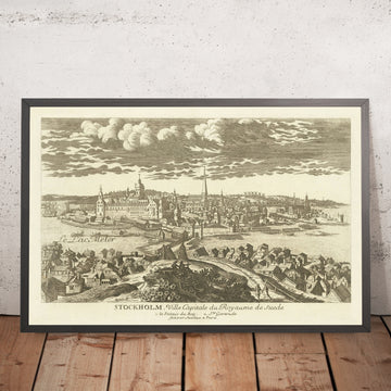 Old Birdseye Map of Stockholm by Aveline 1700: Gamla Stan, Royal Palace, Riddarholmen, Slussen, Skeppsholmen
