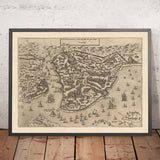 Antiguo mapa a vista de pájaro de Estambul de Zenoi, 1572: Santa Sofía, Palacio de Topkapi, Hipódromo, Murallas de la ciudad, Cuerno de Oro 