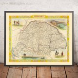 Ancienne carte de la Hongrie par Tallis, 1851 : Budapest, Danube, Carpates, Nobles, Paysans 