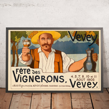 A framed image of Fête des Vignerons Vintage Wine Poster by Marguerite Burnat-Provins, 1905