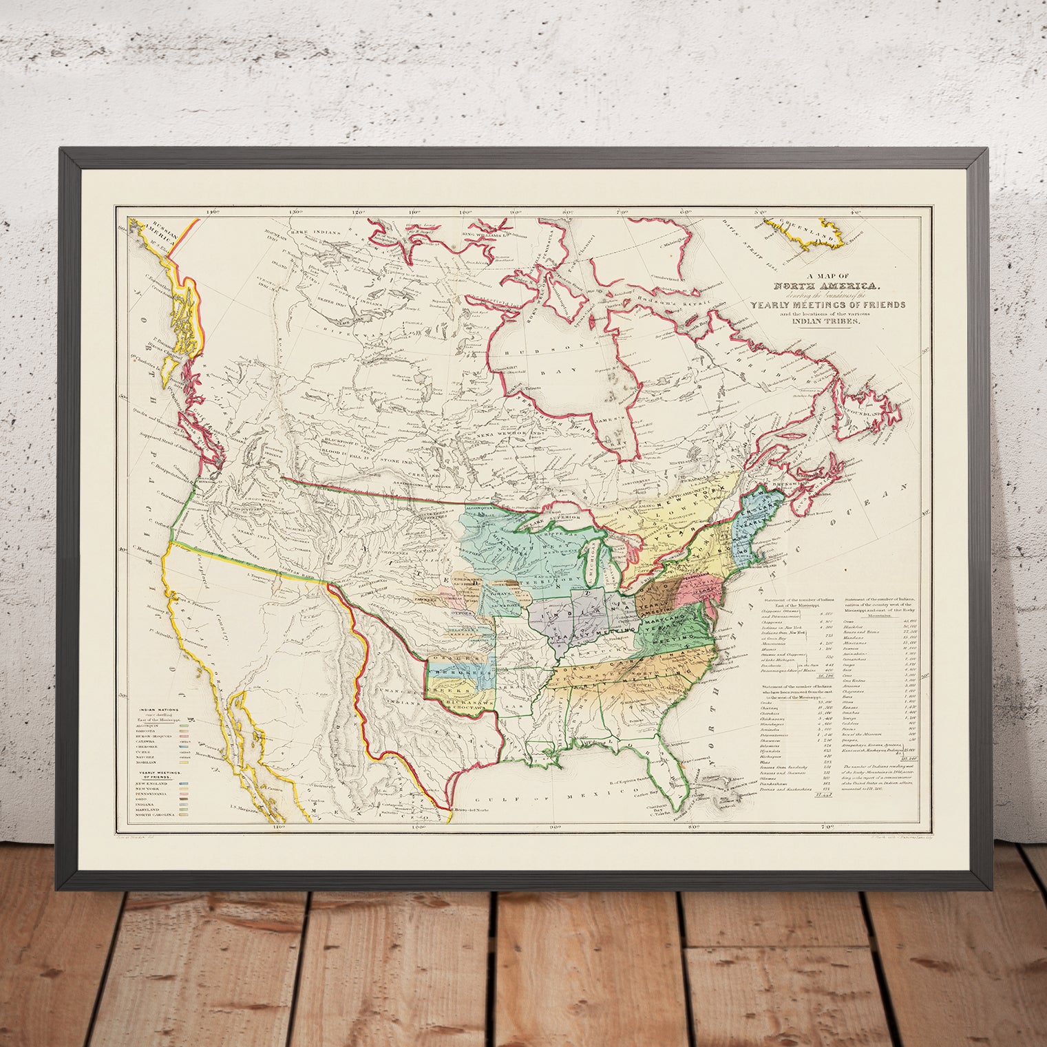 Old Rare Map of North American Indian Tribes, 1844: Quaker Meetings, N ...
