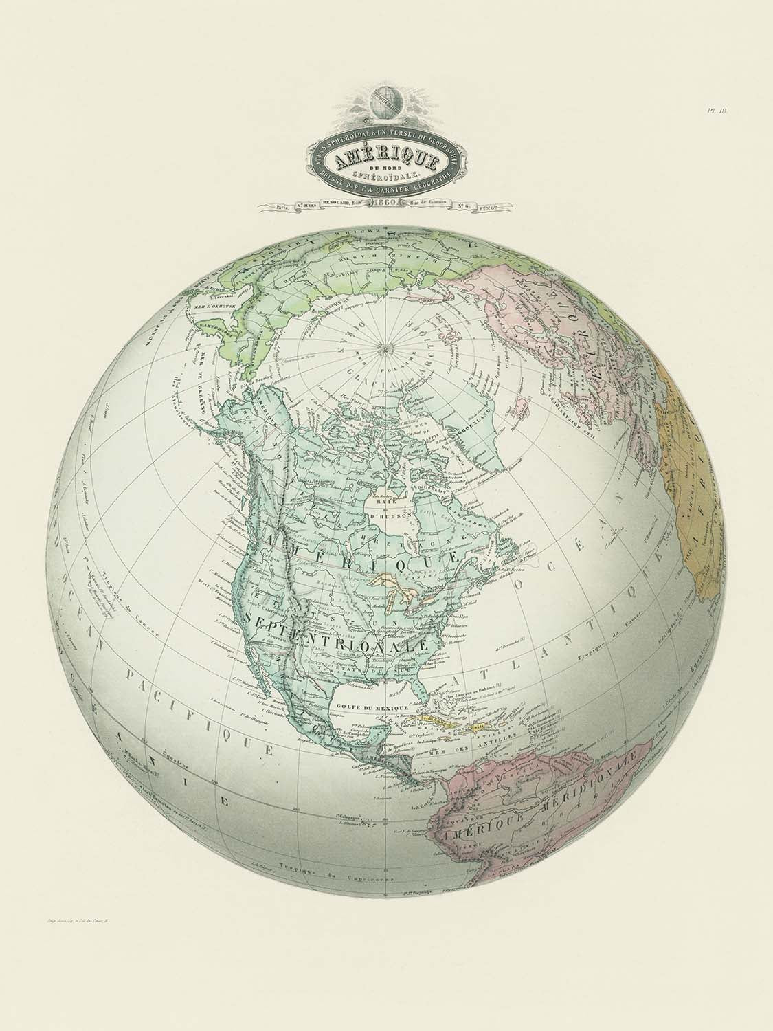 Old Spherical Map of North America by Garnier, 1860