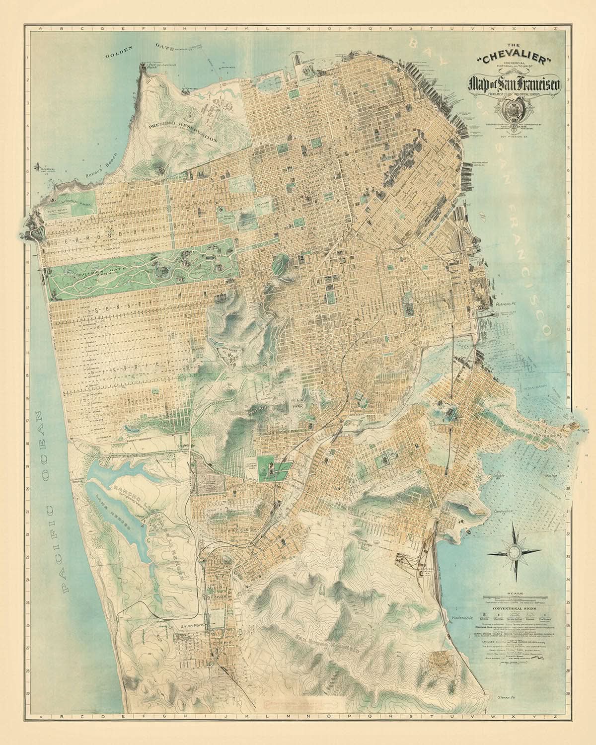 Seltene riesige Straßenkarte von San Francisco von Chevalier, 1911 