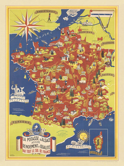 Old Pictorial Map of France by Lucien Boucher, 1950: Alps, Pyrenees, Agriculture, Grapes