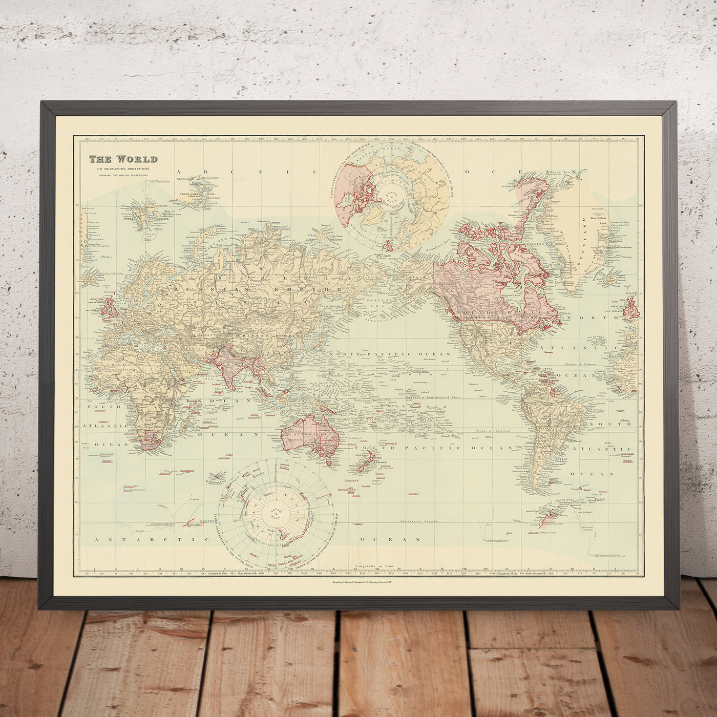 Antigua carta mundial de Mercator del Imperio Británico por Stanford, 1894: Centrada en el Pacífico 