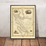 Ancienne carte de l'Iran par Tallis, 1851 : Perse, Téhéran, Ispahan, mer Caspienne, montagnes Elbourz et Zagros 