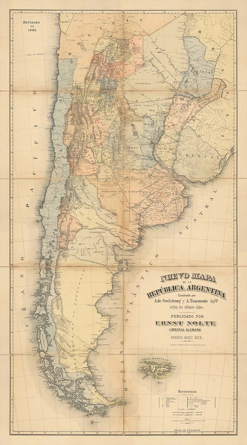 Large Old Map of Argentina by Nolte, 1876: Andes, Buenos Aires, Railroads, Rio de la Plata