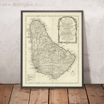 Mappa antica di Barbados di Jefferys, 1750: Parrocchie, Mulini di Zucchero, Chiese, Fiumi, Forti 