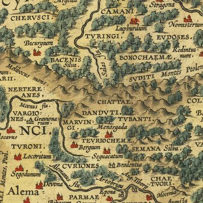 Mapa antiguo de Alemania y Polonia por Ortelius, 1624: Rin, Danubio, Mar del Norte, Bosques 
