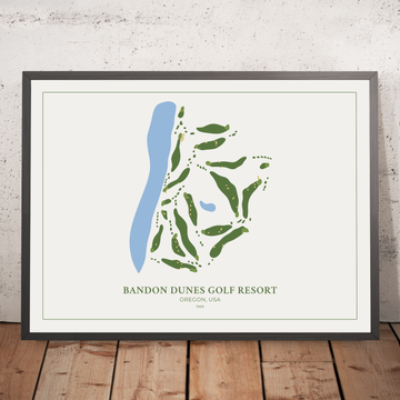 Une image encadrée de Bandon Dunes Golf Resort dans le style d’une carte de parcours de golf simple et moderne