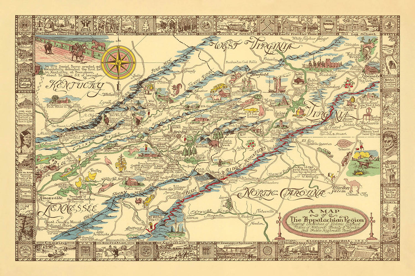 Alte Karte der Appalachenregion von Kearfott, 1950: Appalachian Trail, Cumberland Gap, Great Smoky Mountains, Winston Salem 