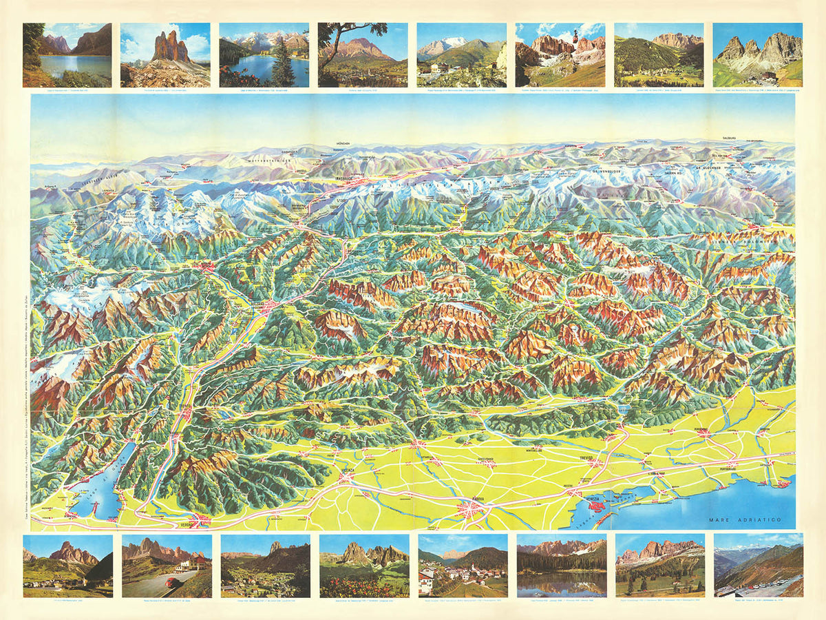 Ancienne carte picturale du Tyrol et des Dolomites, 1973 : Great Dolomites Rd, Cortina, Bolzano, Merano, Tre Cime 