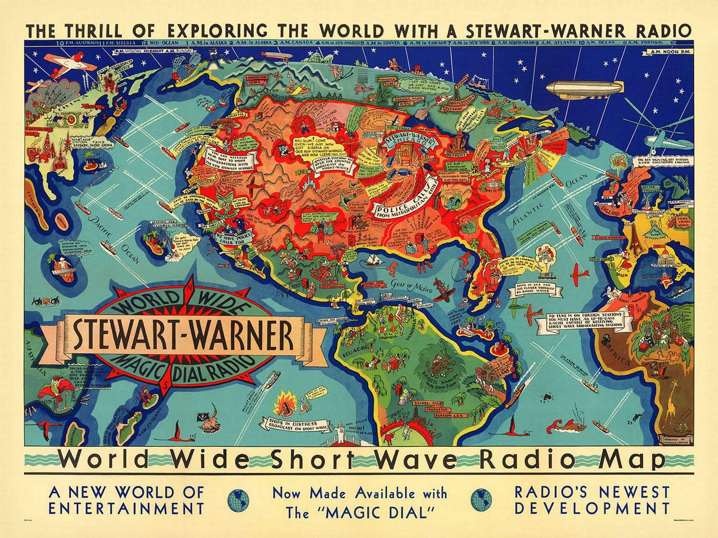 Mapa Mundial de Radio de Onda Corta Antiguo por Turzak, 1932: Comunicaciones Globales 