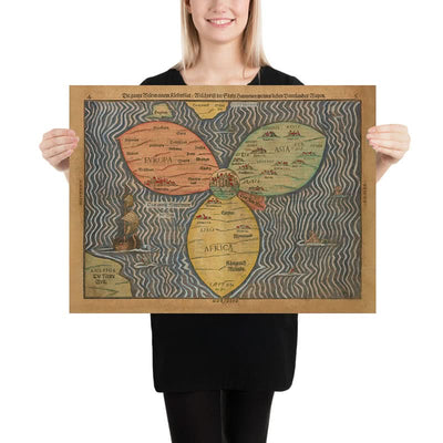 Ancienne carte du monde Cloverleaf avec Jérusalem au centre par Bunting, 1582 