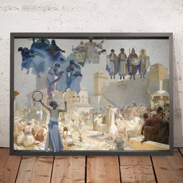 A framed image of The Slav Epic, Cycle III: The Introduction of the Slavonic Liturgy by Alphonse Mucha, 1912