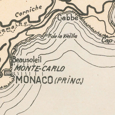 Große alte Karte von Monaco von Fissore, 1943: Monte-Carlo, Casino, La Condamine, Musée Océanographique, Jardins St. Martin 